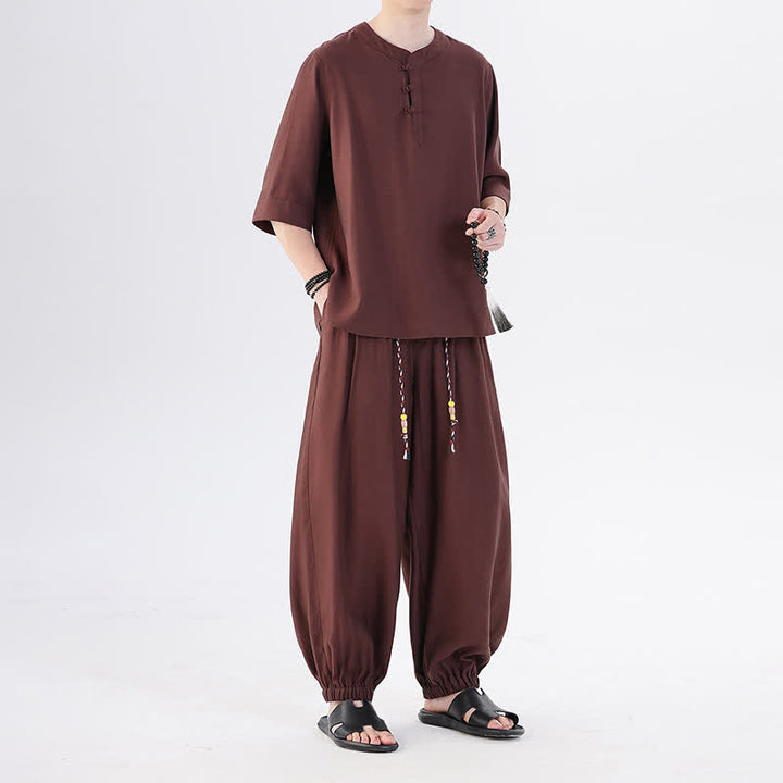 Buddha Stones Camicia da uomo a maniche a tre quarti, tinta unita, stile Tang, con bottoni a rana, per primavera/estate, con tasca, ideale per la meditazione. - image 34