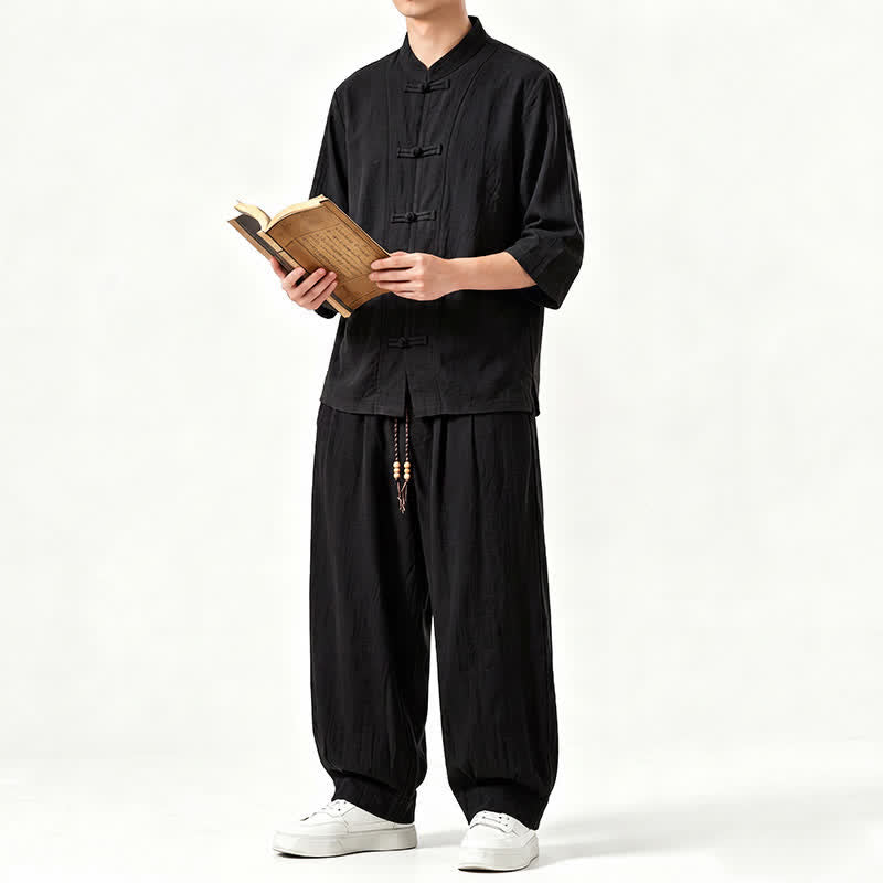 Buddha Stones Camicia da uomo a maniche a tre quarti, tinta unita, stile Tang, con bottoni a rana, per la meditazione primavera/estate, con tasca. - image 13