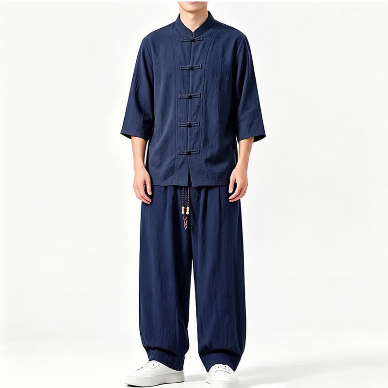 Buddha Stones Camicia da uomo a maniche a tre quarti, tinta unita, stile Tang, con bottoni a rana, per la meditazione primavera/estate, con tasca. - Marina - US/UK/AU46, EU56 (5XL) - image 15