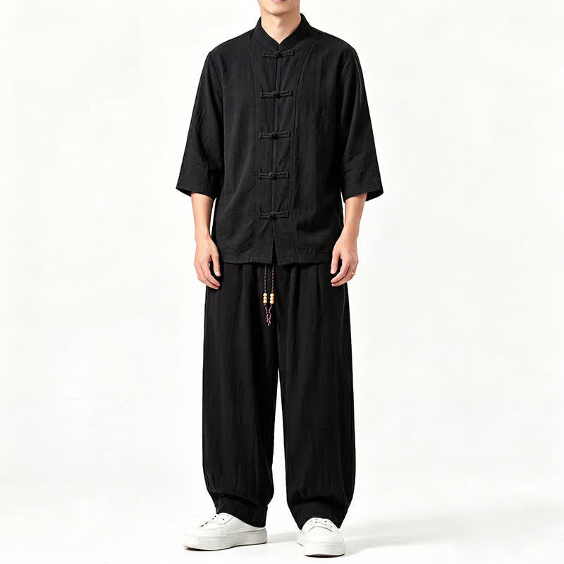 Buddha Stones Camicia da uomo a maniche a tre quarti, tinta unita, stile Tang, con bottoni a rana, per la meditazione primavera/estate, con tasca. - Nero - US/UK/AU46, EU56 (5XL) - image 10