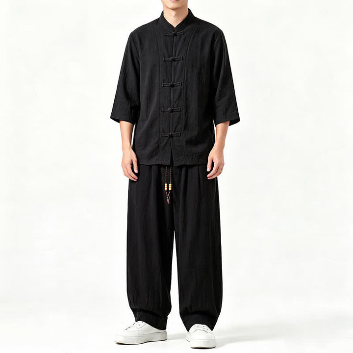 Buddha Stones Camicia da uomo a maniche a tre quarti, tinta unita, stile Tang, con bottoni a rana, per la meditazione primavera/estate, con tasca. - Nero - US/UK/AU46, EU56 (5XL) - image 10