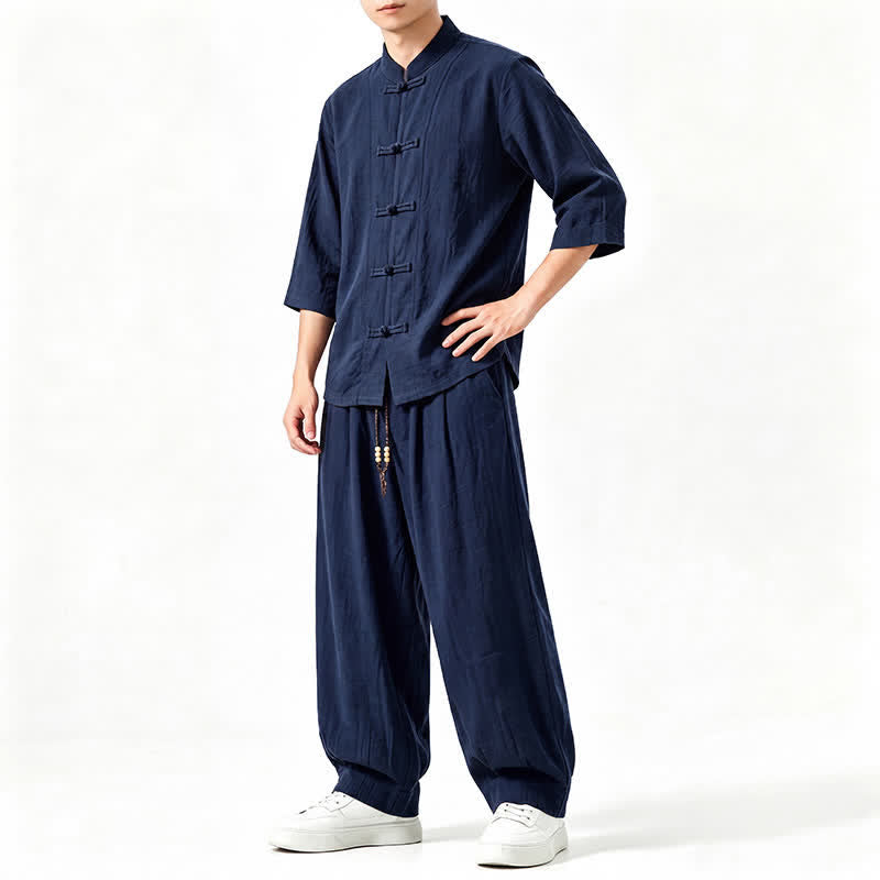 Buddha Stones Camicia da uomo a maniche a tre quarti, tinta unita, stile Tang, con bottoni a rana, per la meditazione primavera/estate, con tasca. - image 18