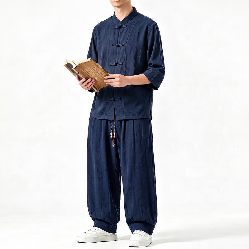 Buddha Stones Camicia da uomo a maniche a tre quarti, tinta unita, stile Tang, con bottoni a rana, per la meditazione primavera/estate, con tasca. - image 17