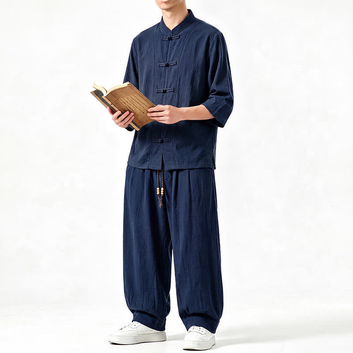 Buddha Stones Camicia da uomo a maniche a tre quarti, tinta unita, stile Tang, con bottoni a rana, per la meditazione primavera/estate, con tasca. - image 17