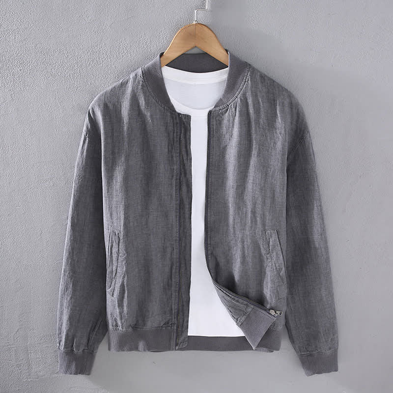 Buddha Stones Giacca da uomo primaverile casual minimalista in lino con cerniera e tasche. - Grigio - US/UK/AU42, EU52 (3XL) - image 1