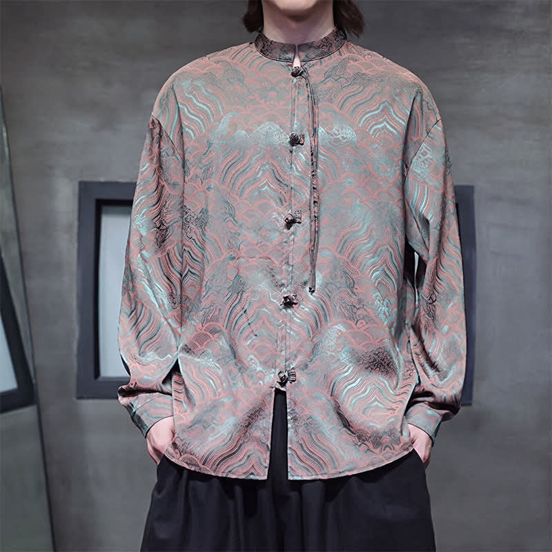Buddha Stones Camicia da uomo a maniche lunghe con colletto alla coreana e motivo astratto a onde, stile vintage Tang, per l'autunno. - Verde oliva scuro - US/UK/AU46, EU56 (5XL) - image 0
