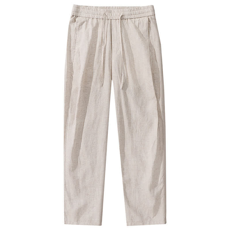 Buddha Stones Pantaloni lunghi da uomo in lino tinta unita, con coulisse, modello a gamba dritta e tasche, ideali per primavera/estate. - image 2