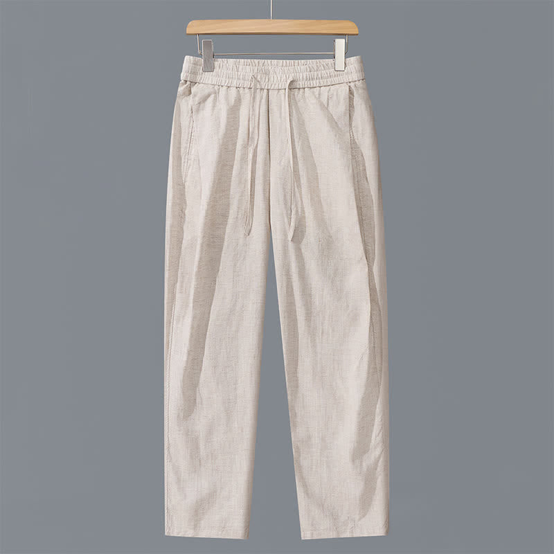 Buddha Stones Pantaloni lunghi da uomo in lino tinta unita, con coulisse, modello a gamba dritta e tasche, ideali per primavera/estate. - Biancheria - US/UK/AU42, EU52 (3XL) - image 0
