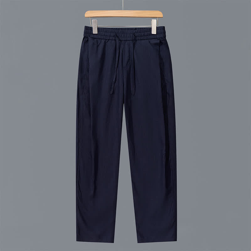 Buddha Stones Pantaloni lunghi da uomo in lino tinta unita, con coulisse, modello a gamba dritta e tasche, ideali per primavera/estate. - Blu notte - US/UK/AU42, EU52 (3XL) - image 10