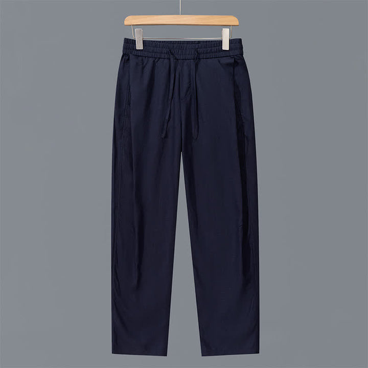 Buddha Stones Pantaloni lunghi da uomo in lino tinta unita, con coulisse, modello a gamba dritta e tasche, ideali per primavera/estate. - Blu notte - US/UK/AU42, EU52 (3XL) - image 10