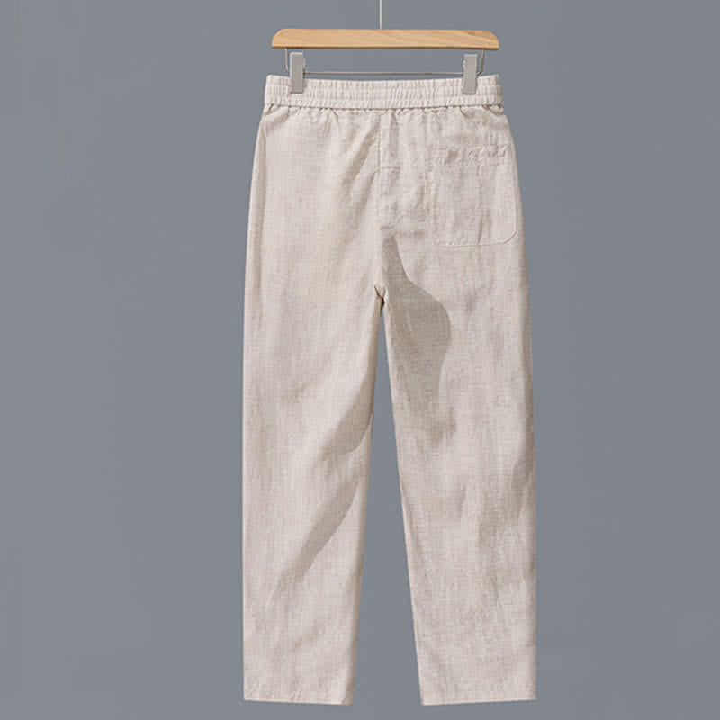 Buddha Stones Pantaloni lunghi da uomo in lino tinta unita, con coulisse, modello a gamba dritta e tasche, ideali per primavera/estate. - image 1