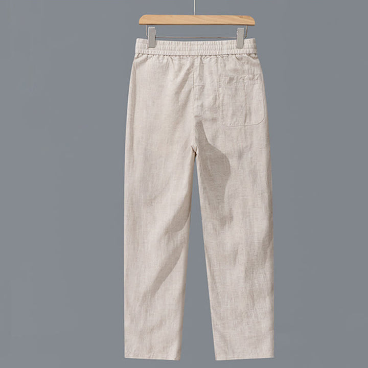 Buddha Stones Pantaloni lunghi da uomo in lino tinta unita, con coulisse, modello a gamba dritta e tasche, ideali per primavera/estate. - image 1