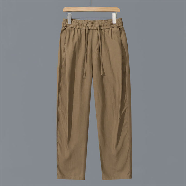 Buddha Stones Pantaloni lunghi da uomo in lino tinta unita, con coulisse, modello a gamba dritta e tasche, ideali per primavera/estate. - Tan - US/UK/AU42, EU52 (3XL) - image 11