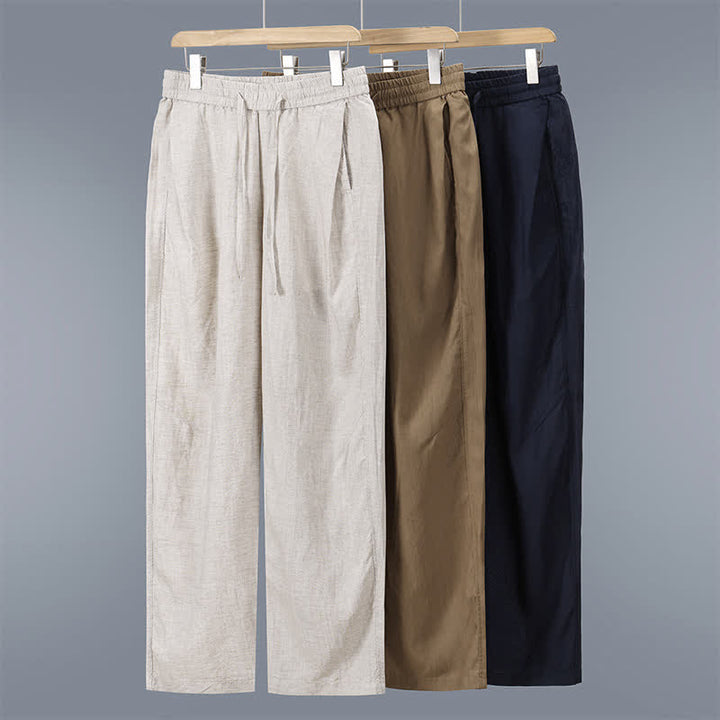 Buddha Stones Pantaloni lunghi da uomo in lino tinta unita, con coulisse, modello a gamba dritta e tasche, ideali per primavera/estate. - image 12