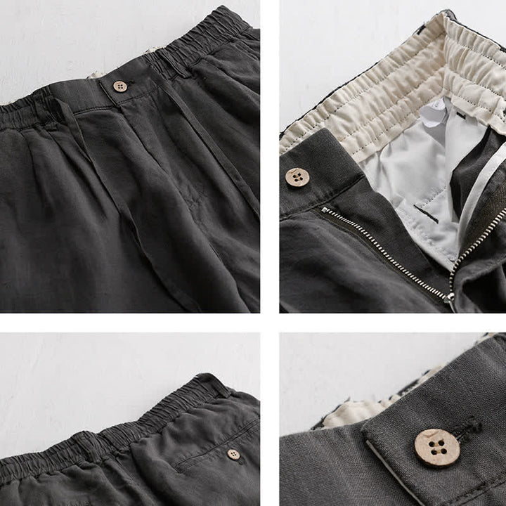 Buddha Stones Pantaloni lunghi da uomo in lino tinta unita, modello a gamba dritta, con coulisse e cerniera, ideali per primavera/estate. Modello casual con tasche. - image 3