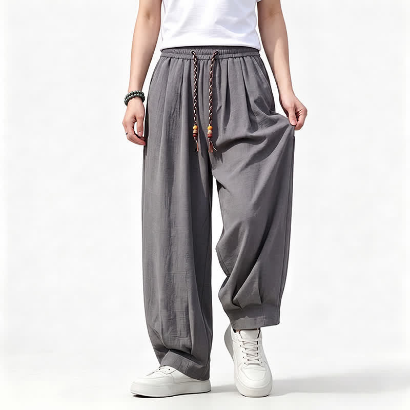 Buddha Stones Pantaloni lunghi da uomo a gamba dritta, tinta unita, con coulisse in vita, ideali per primavera/estate e stile casual, con tasche. - image 2