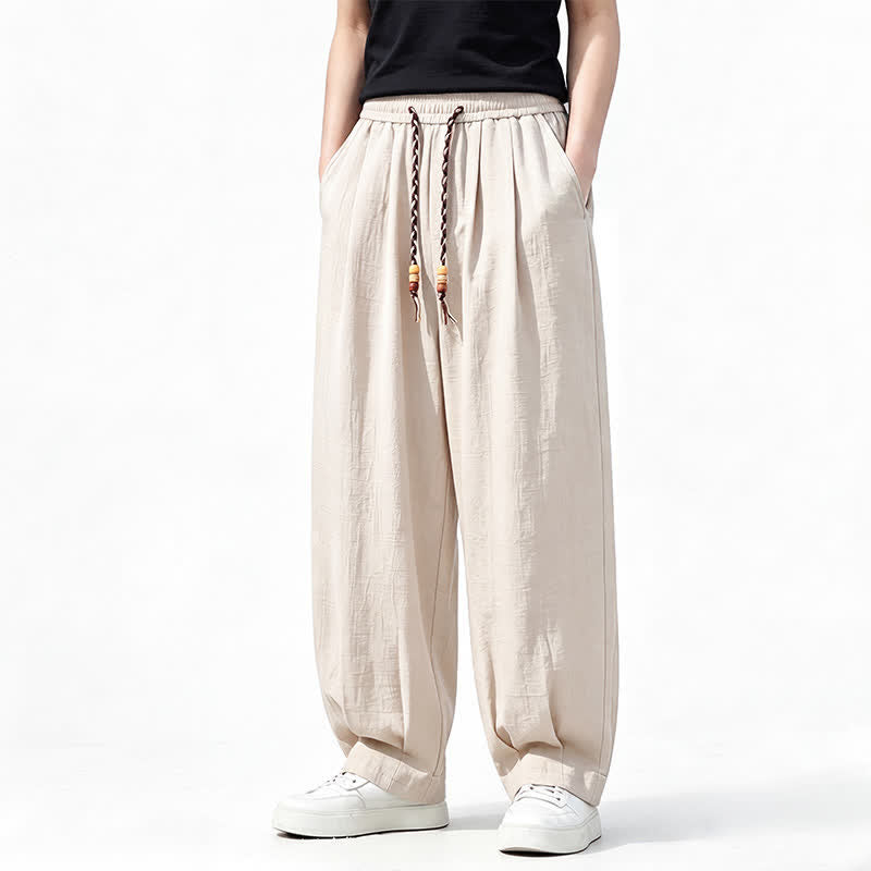 Buddha Stones Pantaloni lunghi da uomo a gamba dritta, tinta unita, con coulisse in vita, ideali per primavera/estate e stile casual, con tasche. - Bianco antico - US/UK/AU46, EU56 (5XL) - image 17