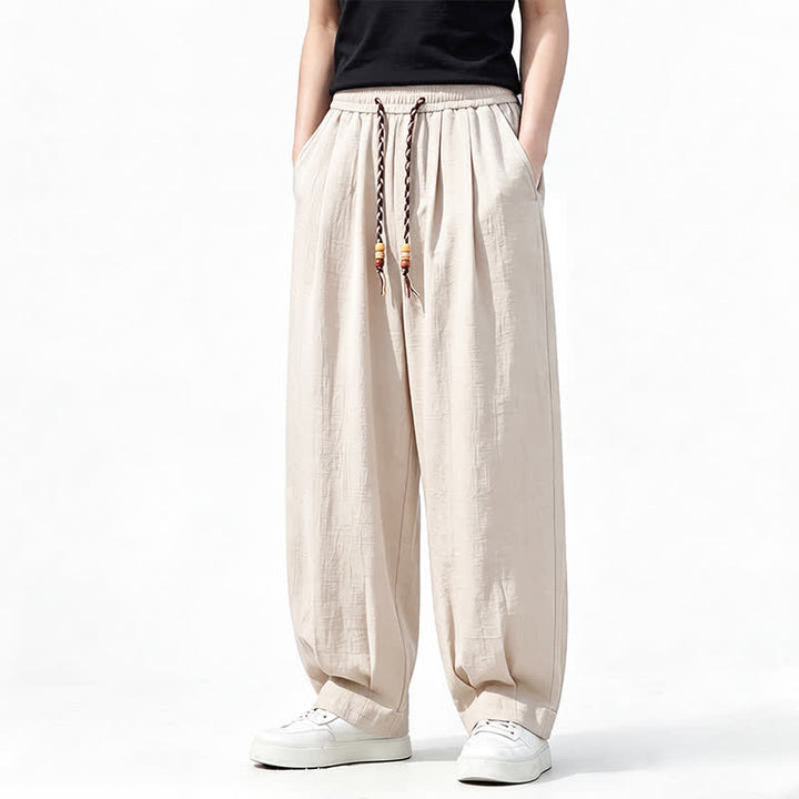 Buddha Stones Pantaloni lunghi da uomo a gamba dritta, tinta unita, con coulisse in vita, ideali per primavera/estate e stile casual, con tasche. - Bianco antico - US/UK/AU46, EU56 (5XL) - image 17