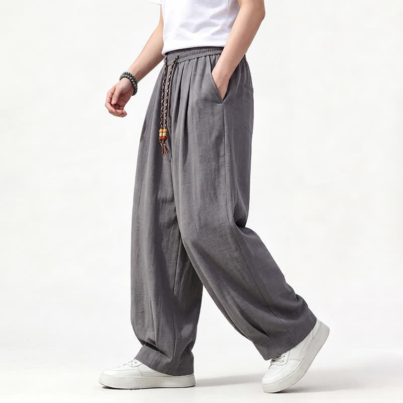 Buddha Stones Pantaloni lunghi da uomo a gamba dritta, tinta unita, con coulisse in vita, ideali per primavera/estate e stile casual, con tasche. - image 1