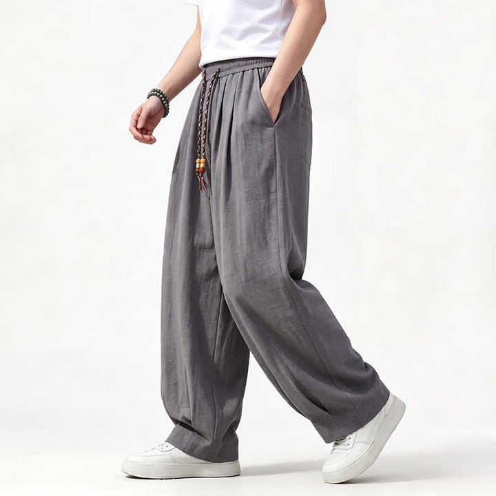 Buddha Stones Pantaloni lunghi da uomo a gamba dritta, tinta unita, con coulisse in vita, ideali per primavera/estate e stile casual, con tasche. - image 1