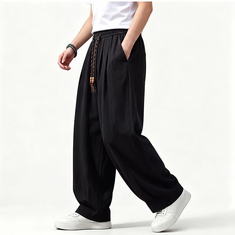 Buddha Stones Pantaloni lunghi da uomo a gamba dritta, tinta unita, con coulisse in vita, ideali per primavera/estate e stile casual, con tasche. - image 8