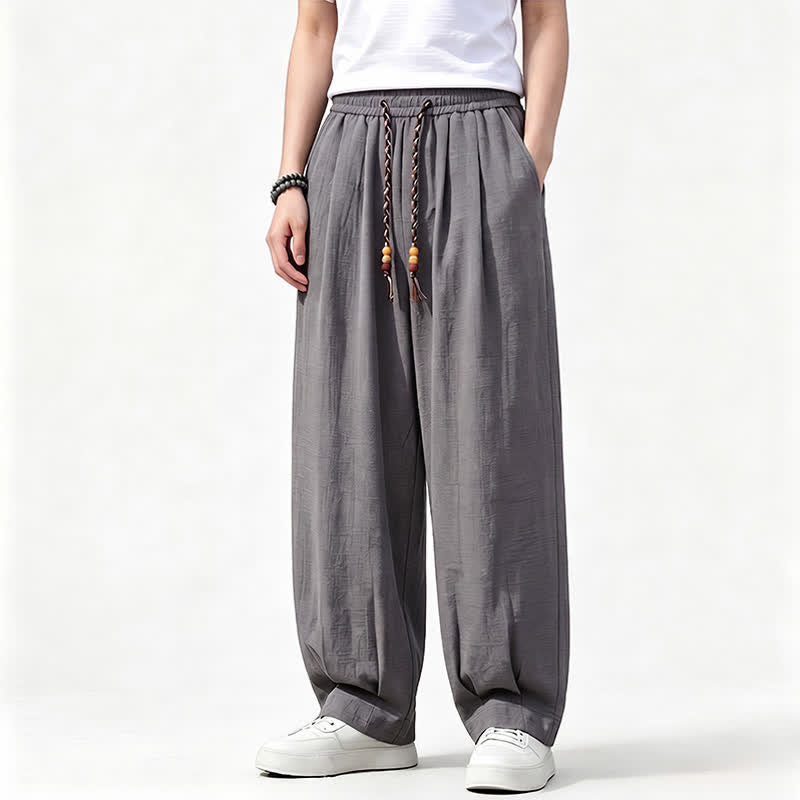 Buddha Stones Pantaloni lunghi da uomo a gamba dritta, tinta unita, con coulisse in vita, ideali per primavera/estate e stile casual, con tasche. - Grigio tenue - US/UK/AU46, EU56 (5XL) - image 0