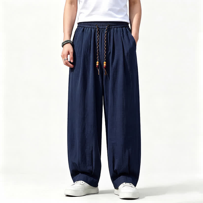 Buddha Stones Pantaloni lunghi da uomo a gamba dritta, tinta unita, con coulisse in vita, ideali per primavera/estate e stile casual, con tasche. - Marina - US/UK/AU46, EU56 (5XL) - image 12