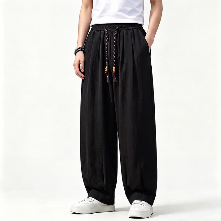Buddha Stones Pantaloni lunghi da uomo a gamba dritta, tinta unita, con coulisse in vita, ideali per primavera/estate e stile casual, con tasche. - Nero - US/UK/AU46, EU56 (5XL) - image 7