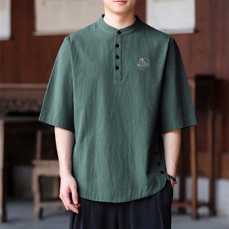Buddha Stones Camicia da uomo estiva casual a maniche corte con colletto alla coreana e taglio Tang. - Verde mare - US/UK/AU46, EU56 (5XL) - image 0