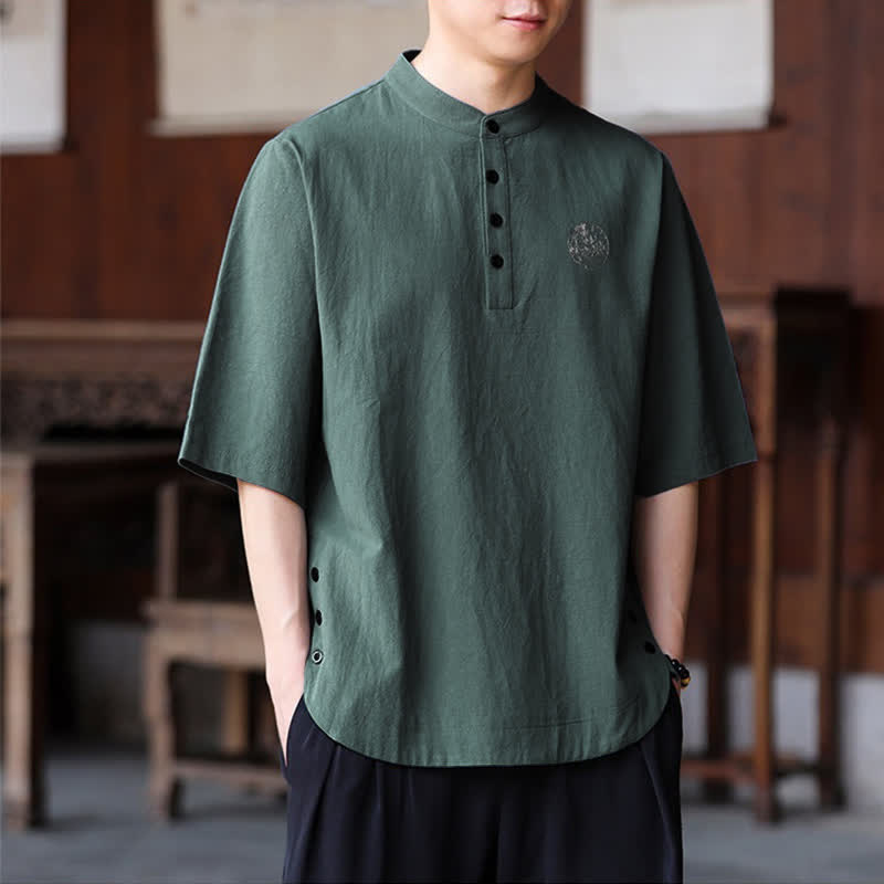 Buddha Stones Camicia da uomo estiva casual a maniche corte con colletto alla coreana e taglio Tang. - image 1