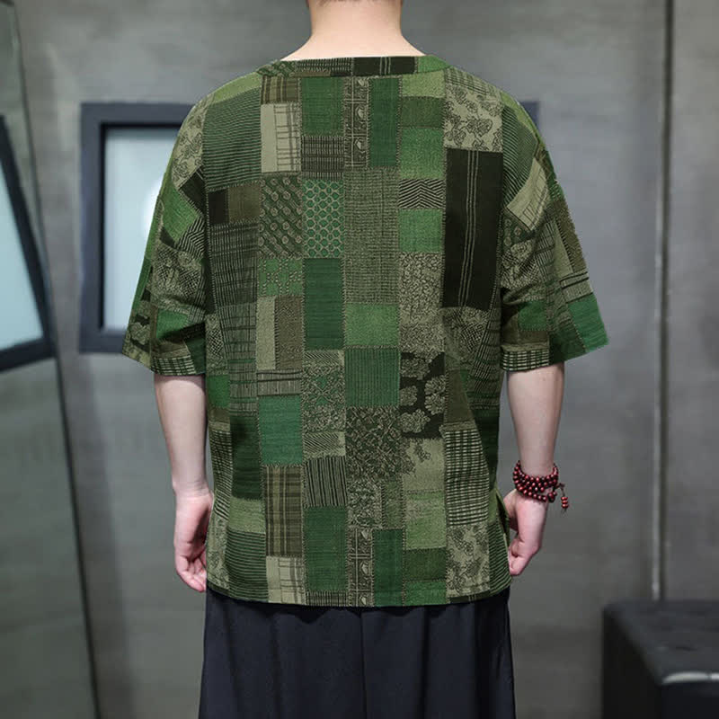 Buddha Stones Camicia da uomo estiva casual a maniche corte con motivo patchwork a quadri e taschino applicato, in stile boho. - image 3
