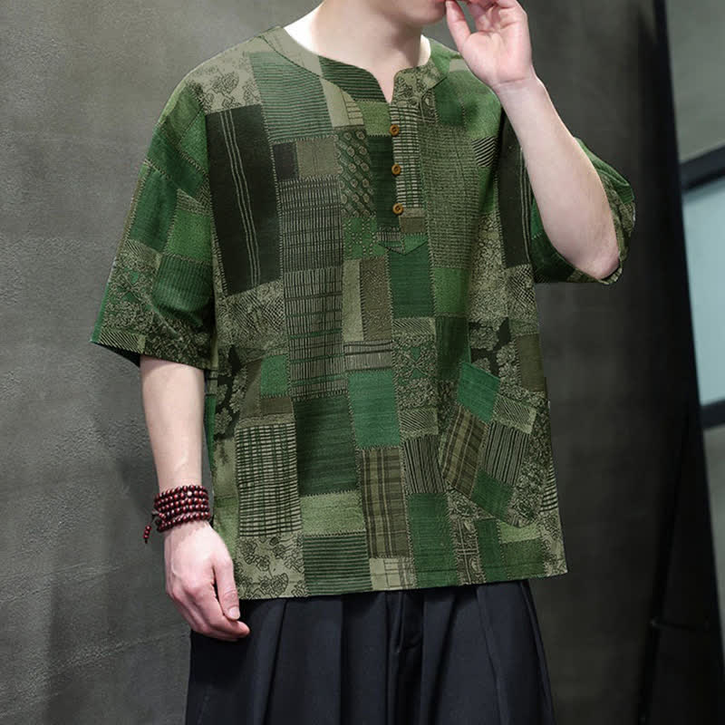 Buddha Stones Camicia da uomo estiva casual a maniche corte con motivo patchwork a quadri e taschino applicato, in stile boho. - image 2