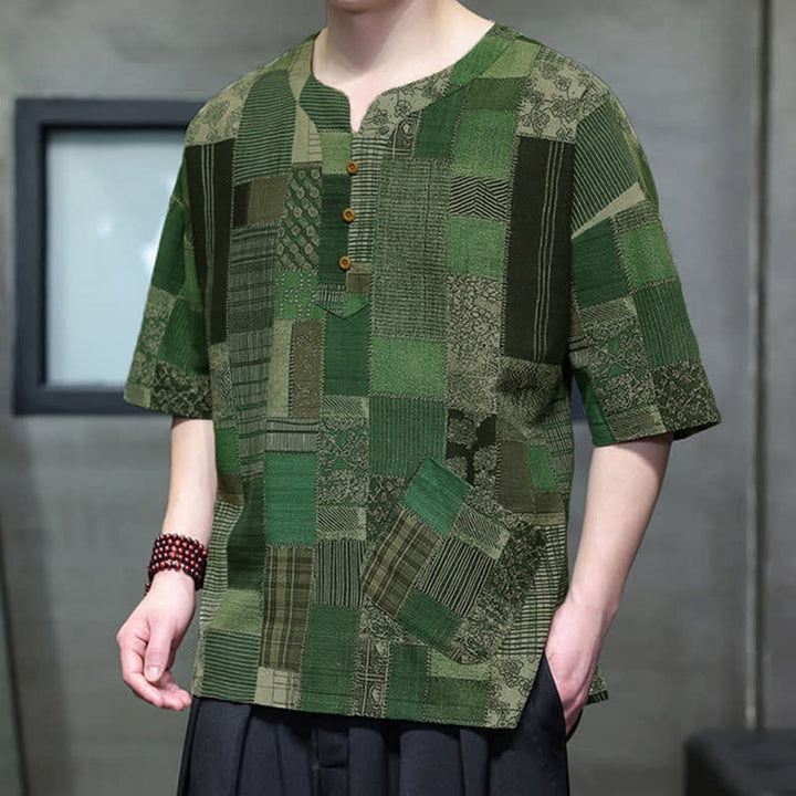 Buddha Stones Camicia da uomo estiva casual a maniche corte con motivo patchwork a quadri e taschino applicato, in stile boho. - Verde studentesco - US/UK/AU46, EU56 (5XL) - image 0