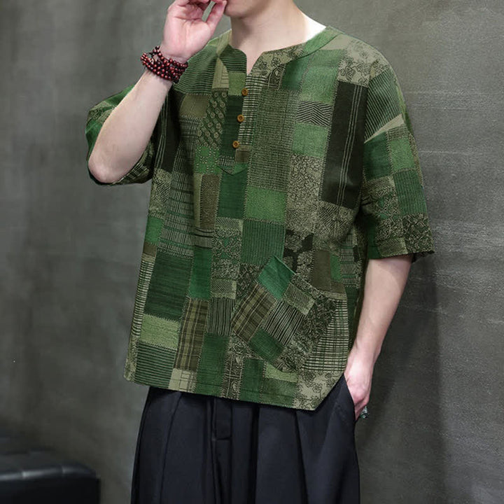 Buddha Stones Camicia da uomo estiva casual a maniche corte con motivo patchwork a quadri e taschino applicato, in stile boho. - image 8