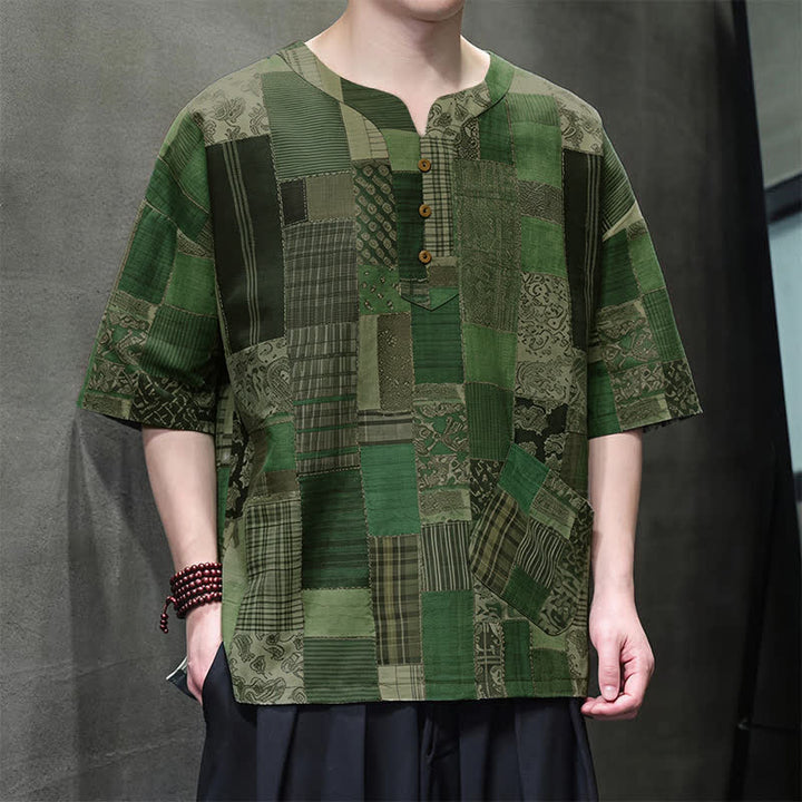 Buddha Stones Camicia da uomo estiva casual a maniche corte con motivo patchwork a quadri e taschino applicato, in stile boho. - image 6