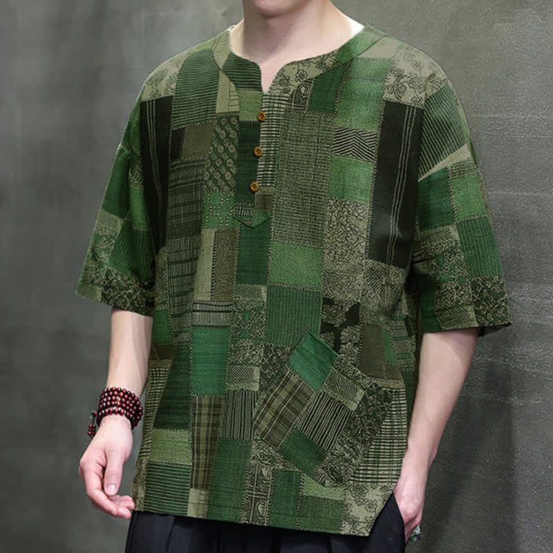 Buddha Stones Camicia da uomo estiva casual a maniche corte con motivo patchwork a quadri e taschino applicato, in stile boho. - image 7
