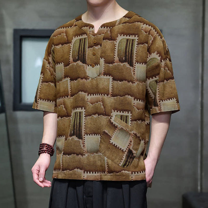 Buddha Stones Camicia da uomo estiva casual a maniche corte con motivo patchwork a quadri e taschino applicato, in stile boho. - image 10