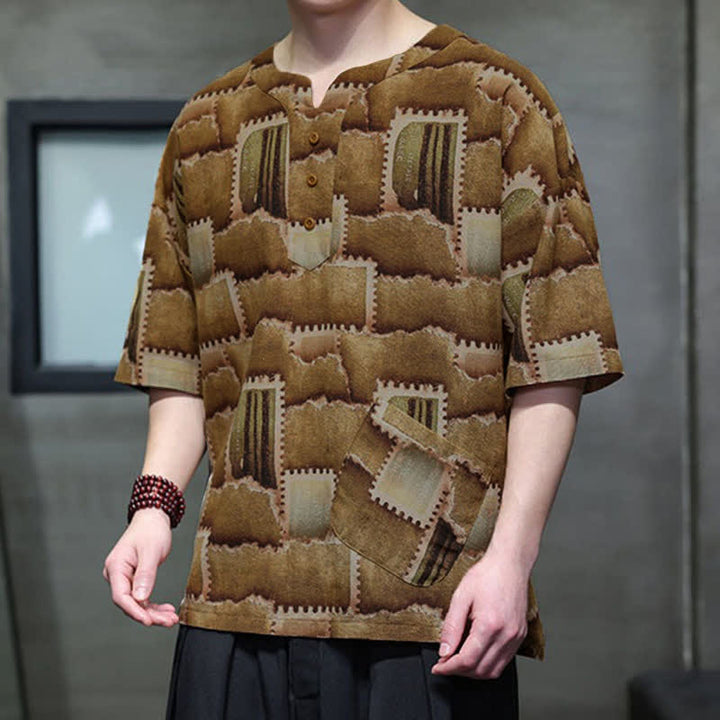 Buddha Stones Camicia da uomo estiva casual a maniche corte con motivo patchwork a quadri e taschino applicato, in stile boho. - image 12