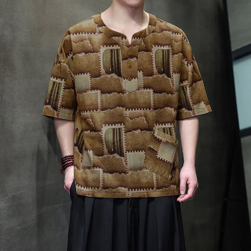 Buddha Stones Camicia da uomo estiva casual a maniche corte con motivo patchwork a quadri e taschino applicato, in stile boho. - image 14
