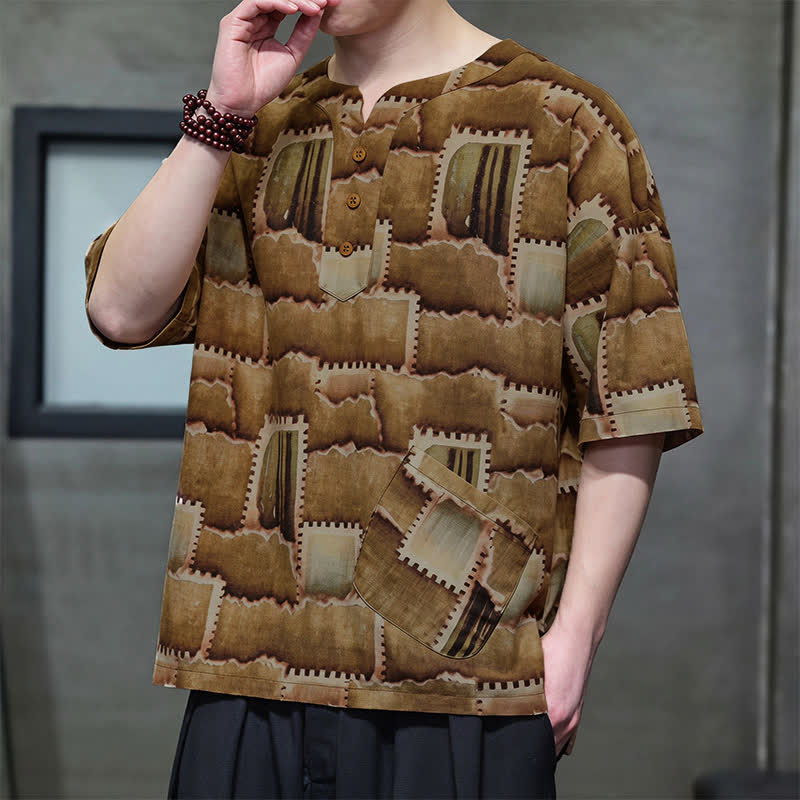 Buddha Stones Camicia da uomo estiva casual a maniche corte con motivo patchwork a quadri e taschino applicato, in stile boho. - image 15