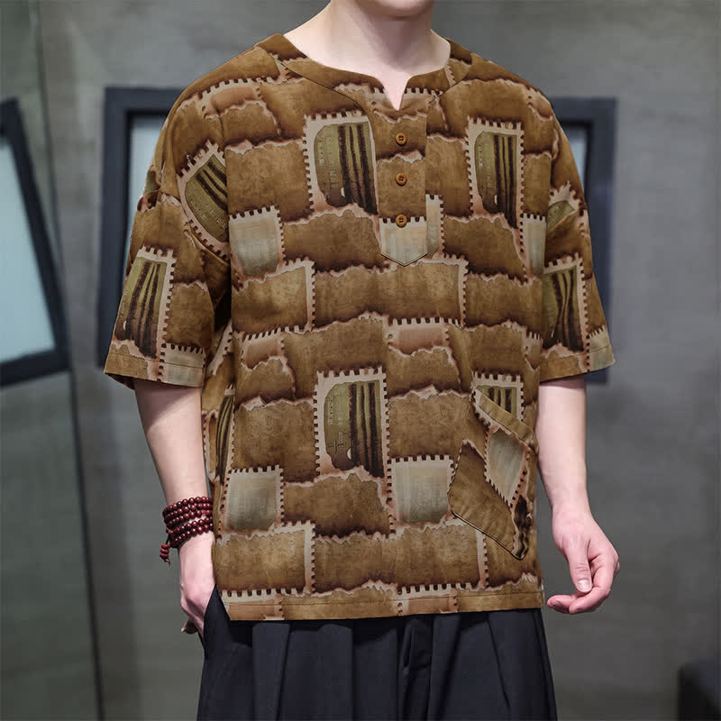 Buddha Stones Camicia da uomo estiva casual a maniche corte con motivo patchwork a quadri e taschino applicato, in stile boho. - image 11