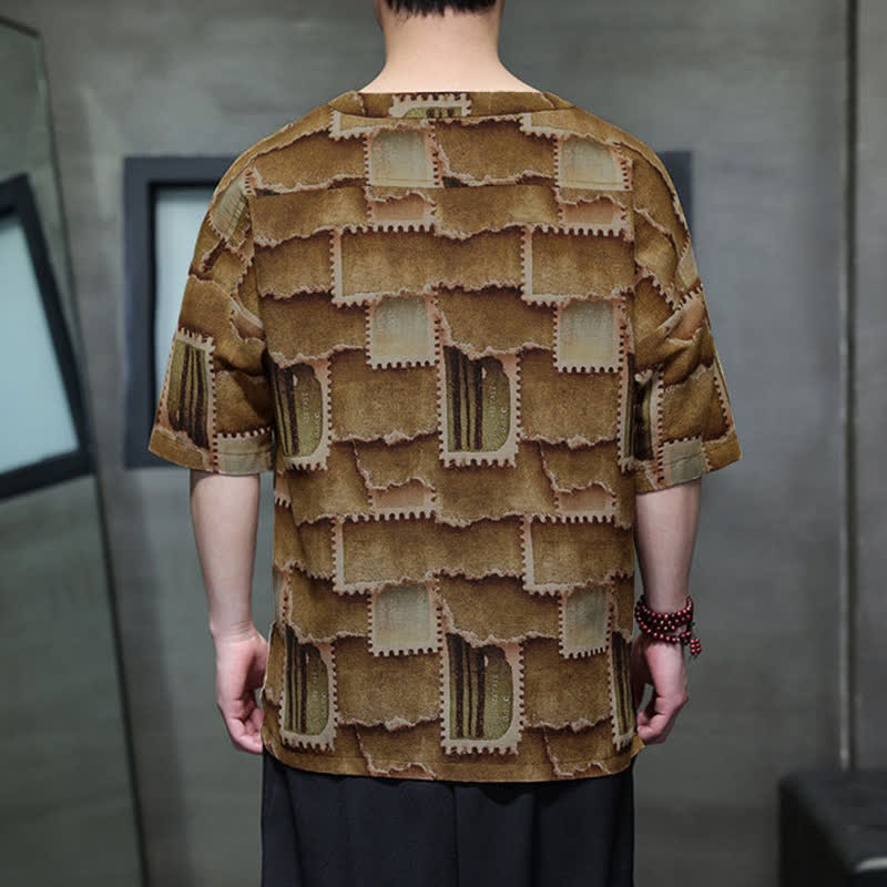 Buddha Stones Camicia da uomo estiva casual a maniche corte con motivo patchwork a quadri e taschino applicato, in stile boho. - image 13