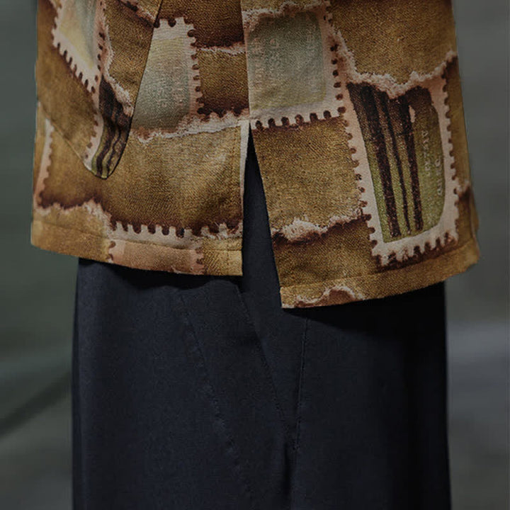 Buddha Stones Camicia da uomo estiva casual a maniche corte con motivo patchwork a quadri e taschino applicato, in stile boho. - image 21