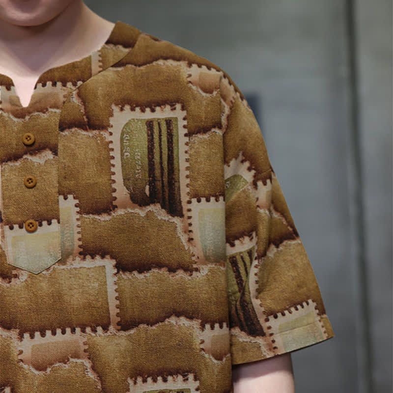 Buddha Stones Camicia da uomo estiva casual a maniche corte con motivo patchwork a quadri e taschino applicato, in stile boho. - image 19