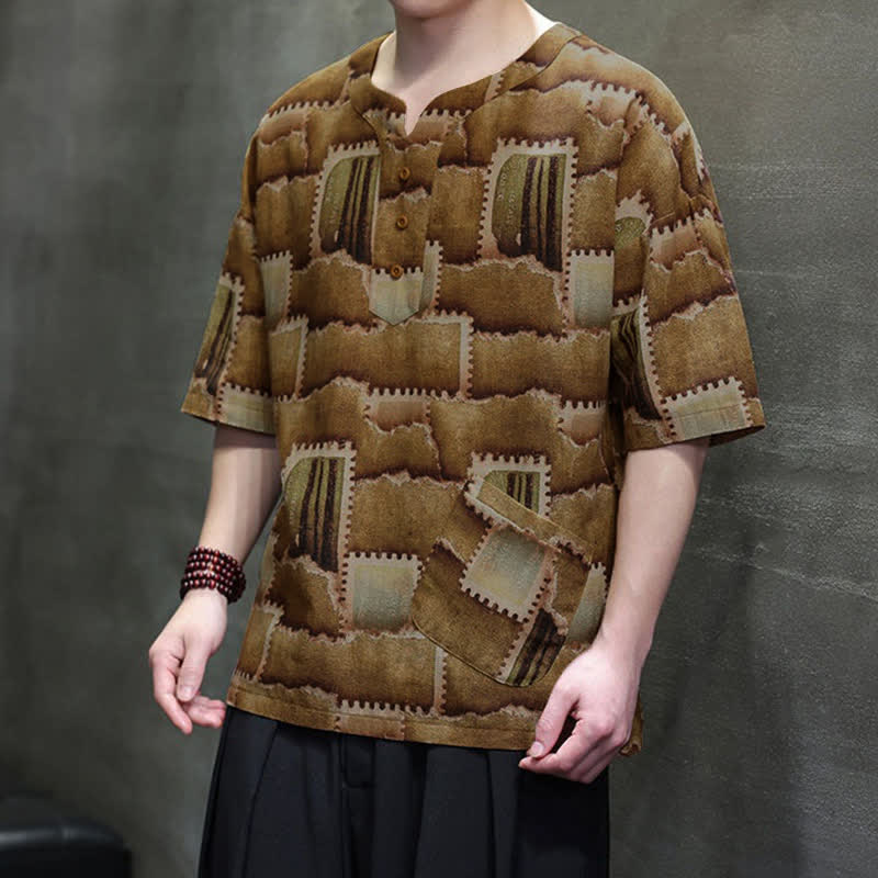 Buddha Stones Camicia da uomo estiva casual a maniche corte con motivo patchwork a quadri e taschino applicato, in stile boho. - image 17