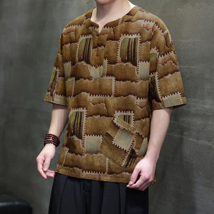 Buddha Stones Camicia da uomo estiva casual a maniche corte con motivo patchwork a quadri e taschino applicato, in stile boho. - image 17
