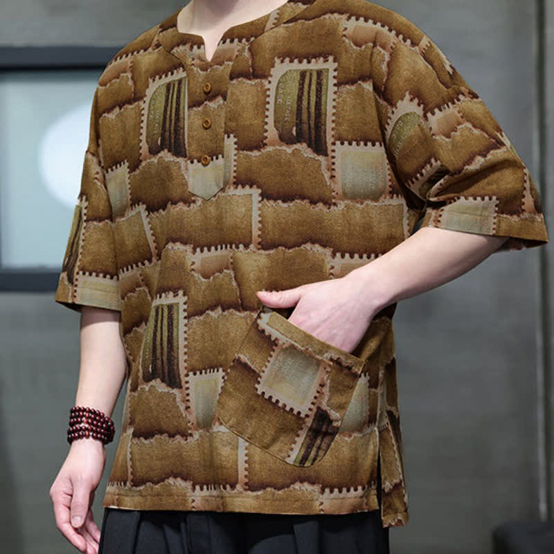 Buddha Stones Camicia da uomo estiva casual a maniche corte con motivo patchwork a quadri e taschino applicato, in stile boho. - image 16