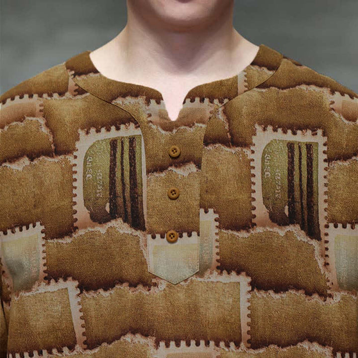 Buddha Stones Camicia da uomo estiva casual a maniche corte con motivo patchwork a quadri e taschino applicato, in stile boho. - image 18