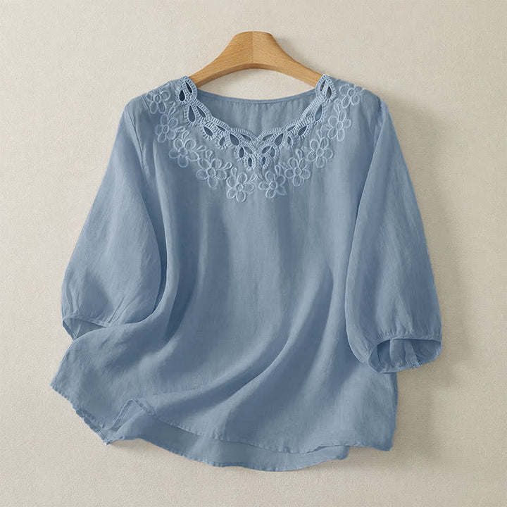 Buddha Stones T-shirt da donna a maniche a tre quarti, stile vintage, casual, con scollo rotondo e ricami, tinta unita, ideale per primavera/estate. - Azzurro polvere - US12, UK/AU16, EU44 (2XL) - image 5