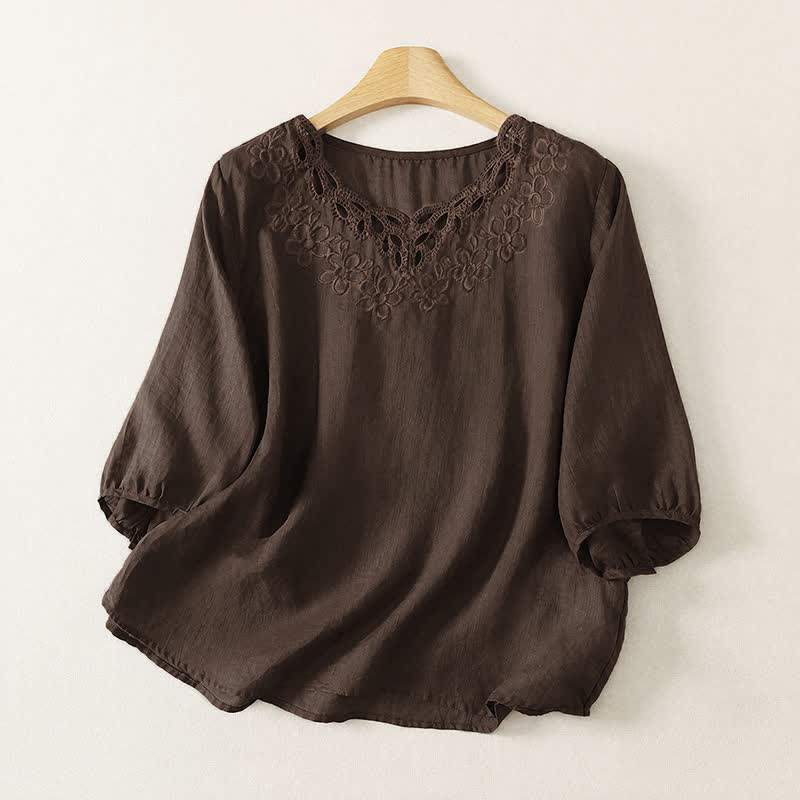 Buddha Stones T-shirt da donna a maniche a tre quarti, stile vintage, casual, con scollo rotondo e ricami, tinta unita, ideale per primavera/estate. - Marrone sella - US12, UK/AU16, EU44 (2XL) - image 0